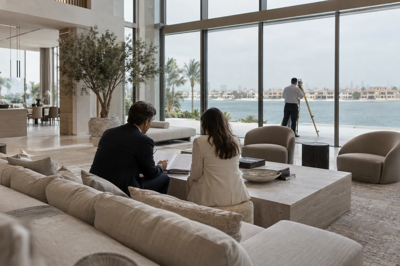 A banker and a buyer, seen from behind, talking in the living room of a new Palm Jumeirah villa during an appraisal