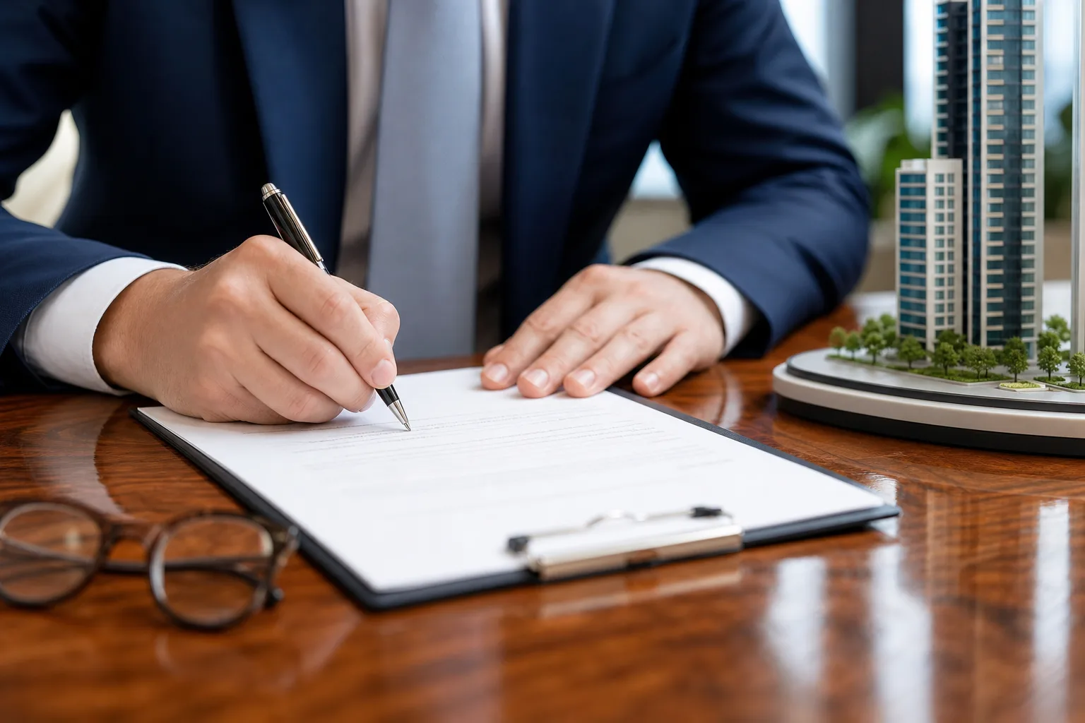 Mano firmando un contrato de compraventa inmobiliaria sobre una mesa de madera con bolígrafo elegante y gafas