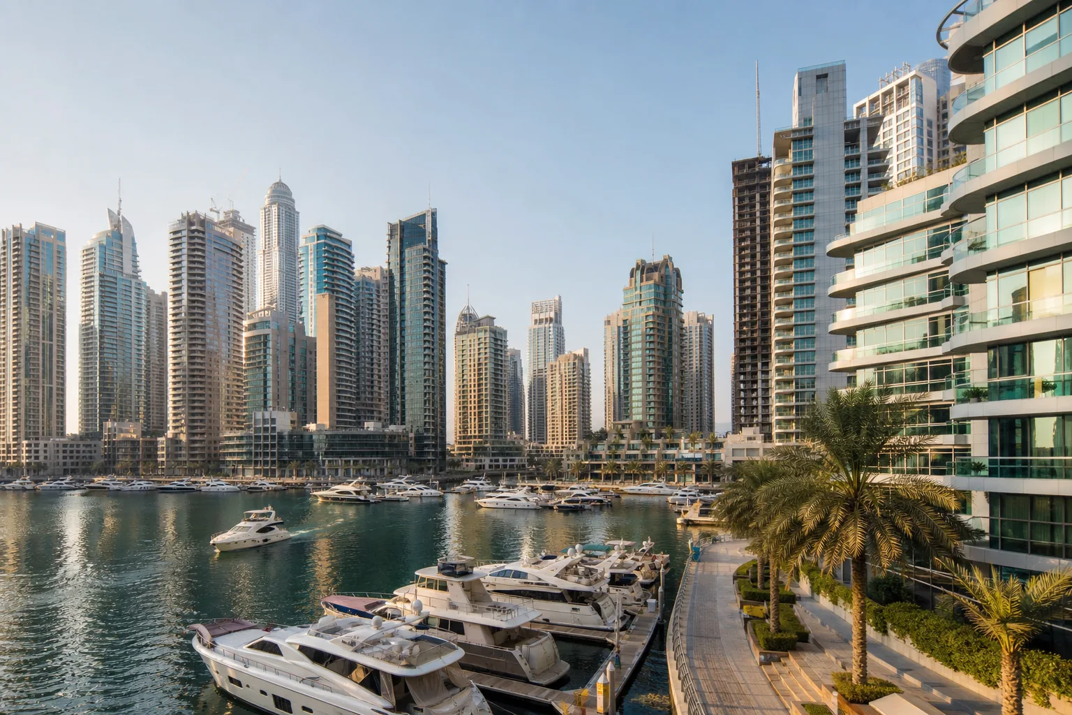 Quartier résidentiel freehold de Dubaï Marina avec immeubles modernes bordant l'eau