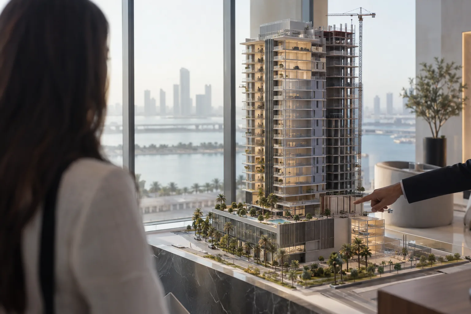 Adviser's hand pointing at a residential tower model in a sales gallery in the morning