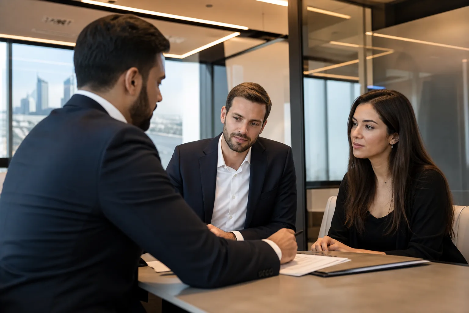 Meeting between a bank advisor and a couple of investors in a modern Dubai bank branch