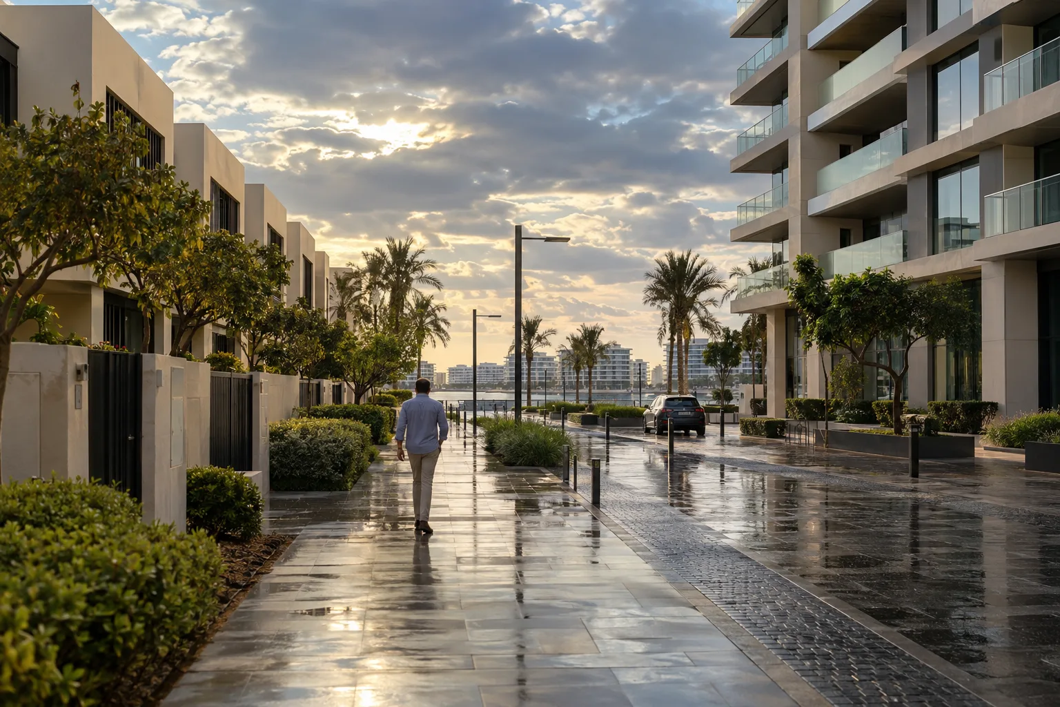 Wet street in Al Raha between townhouses and an apartment building, a figure seen from behind in the distance