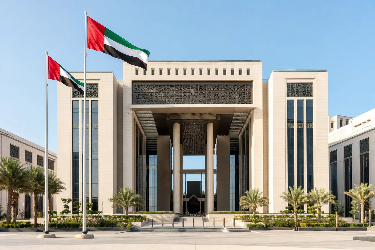 Façade d'un bâtiment administratif officiel à Dubaï avec architecture moderne et drapeaux flottant au vent