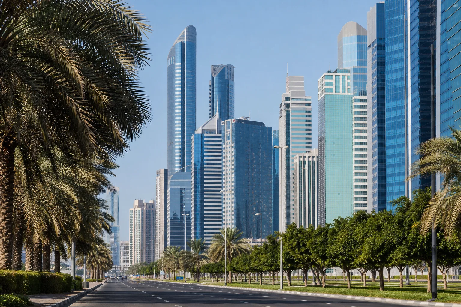 Quartier d'affaires de Dubaï avec gratte-ciel modernes vus depuis une avenue arborée