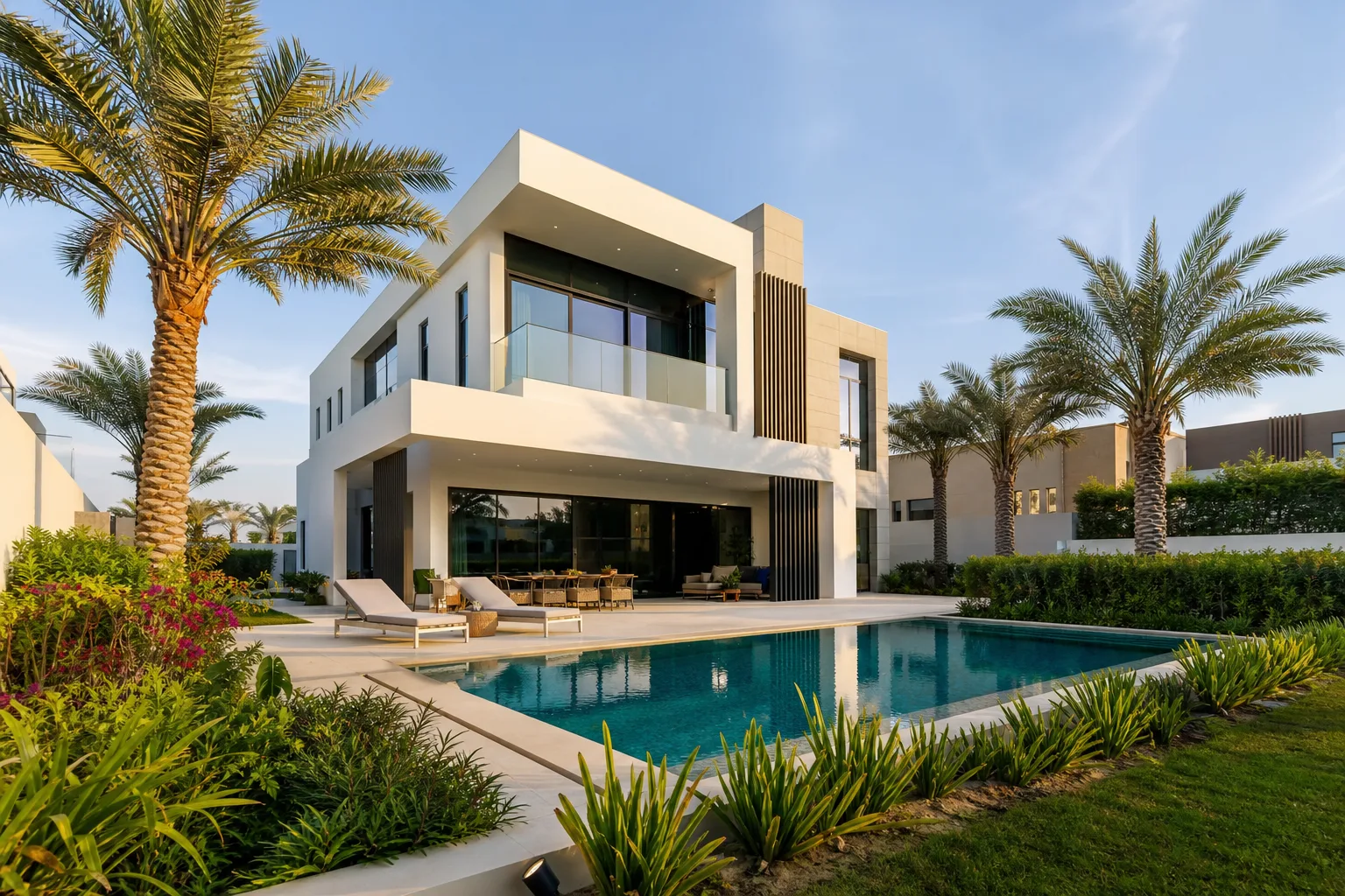 Contemporary villa with private pool and landscaped garden in a residential neighbourhood of Dubai