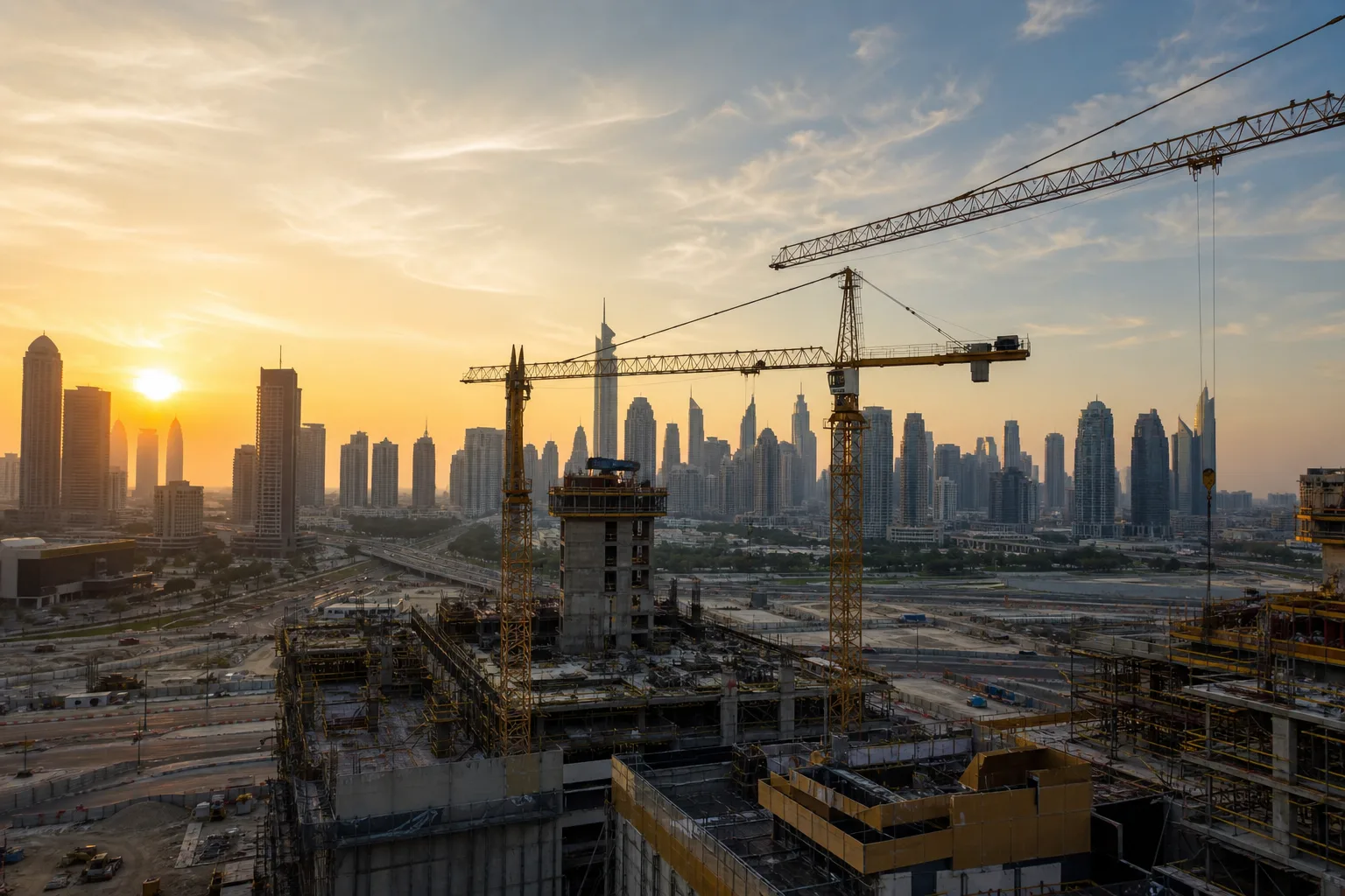 Chantier de construction de nouvelles tours résidentielles à Dubaï avec grues au lever du jour