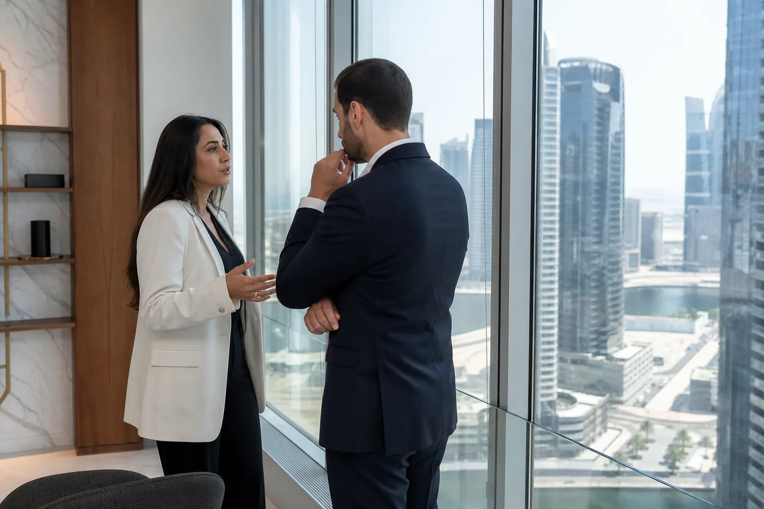 Agente inmobiliario y propietario conversando ante un ventanal con vistas a las torres de oficinas del barrio de Business Bay