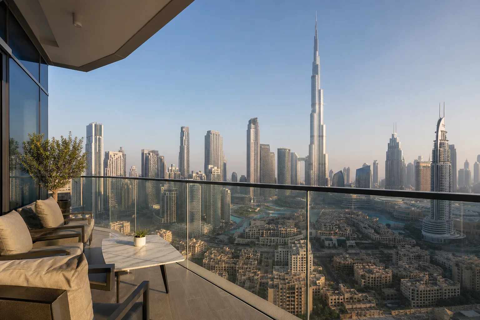 Terrace of a high-end apartment overlooking the Downtown Dubai skyline in the morning light
