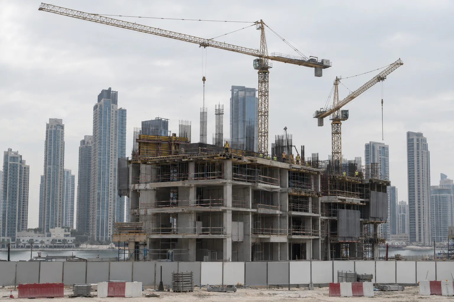 Construction site of an off-plan residence in Dubai under an overcast sky, concrete core rising, cranes and workers in the distance