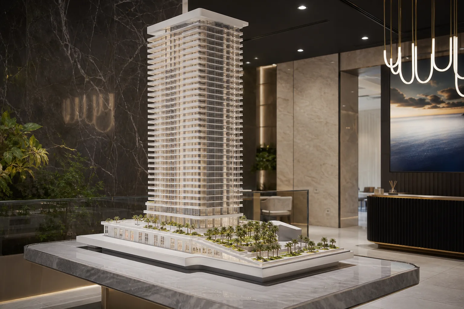 Maqueta arquitectónica detallada de una torre residencial en construcción expuesta en un showroom de alta gama