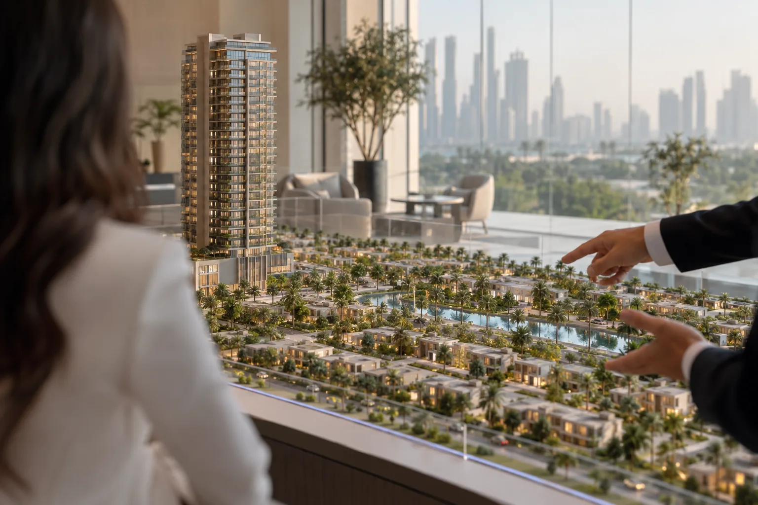 An advisor's hands pointing to a model combining an apartment tower and villas in a freehold zone