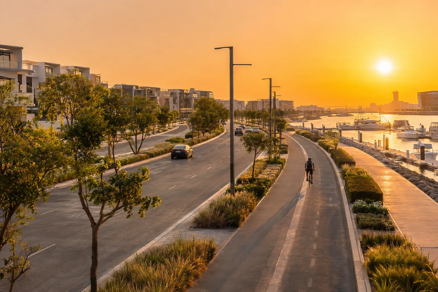 Yas Island boulevard and cycle lane at golden hour, low-rise residential buildings in the background