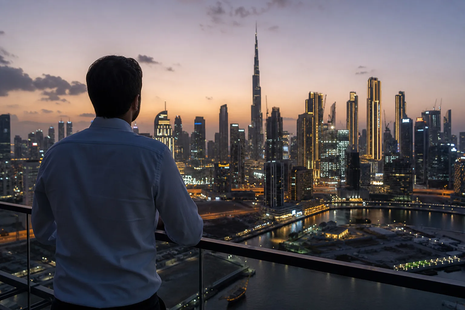 Investisseur pensif observant le skyline de Dubaï depuis la terrasse en hauteur d'un appartement au crépuscule