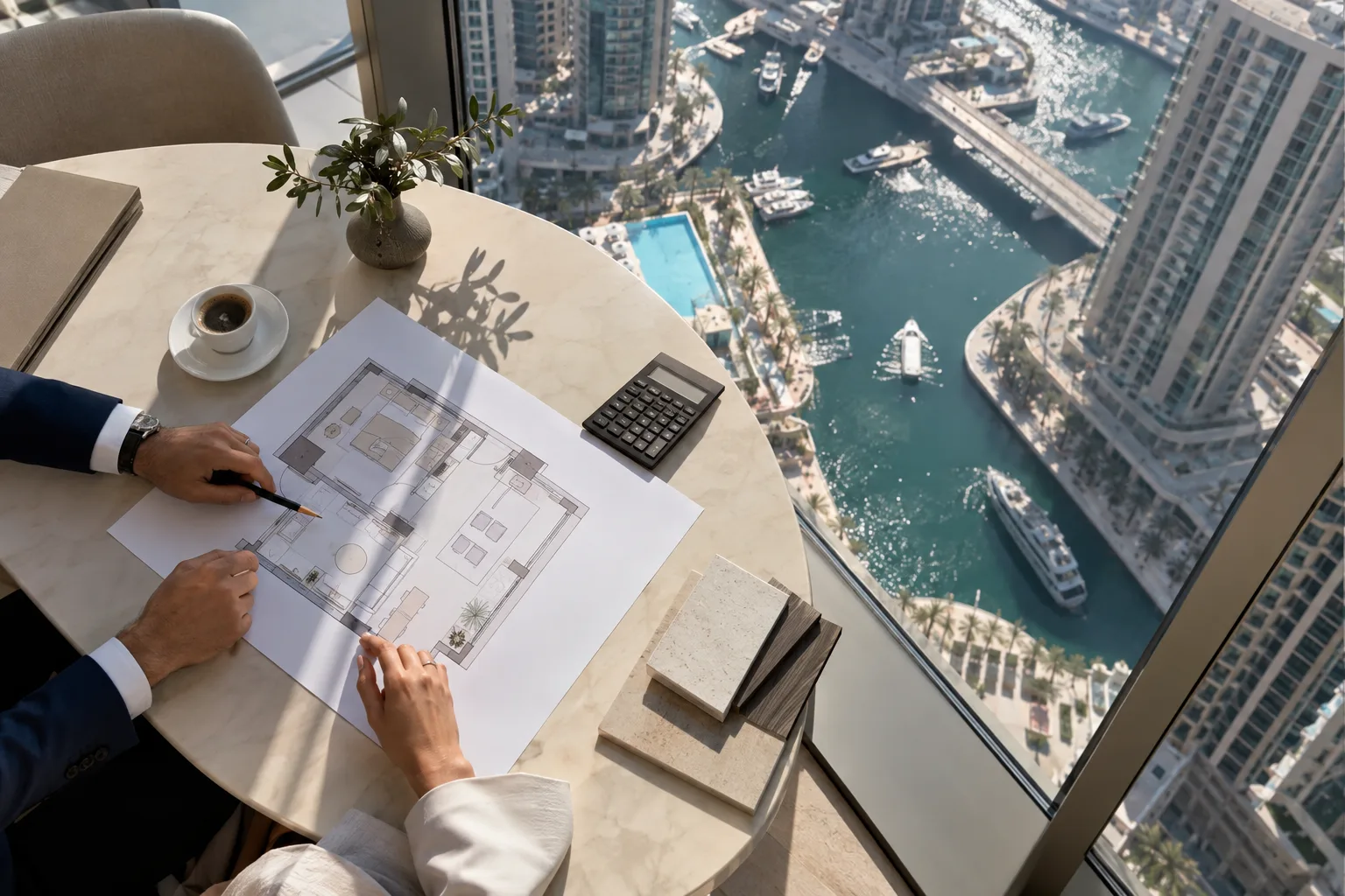 Hands above the floor plan of a one-bedroom apartment, with a calculator, on a sales office desk
