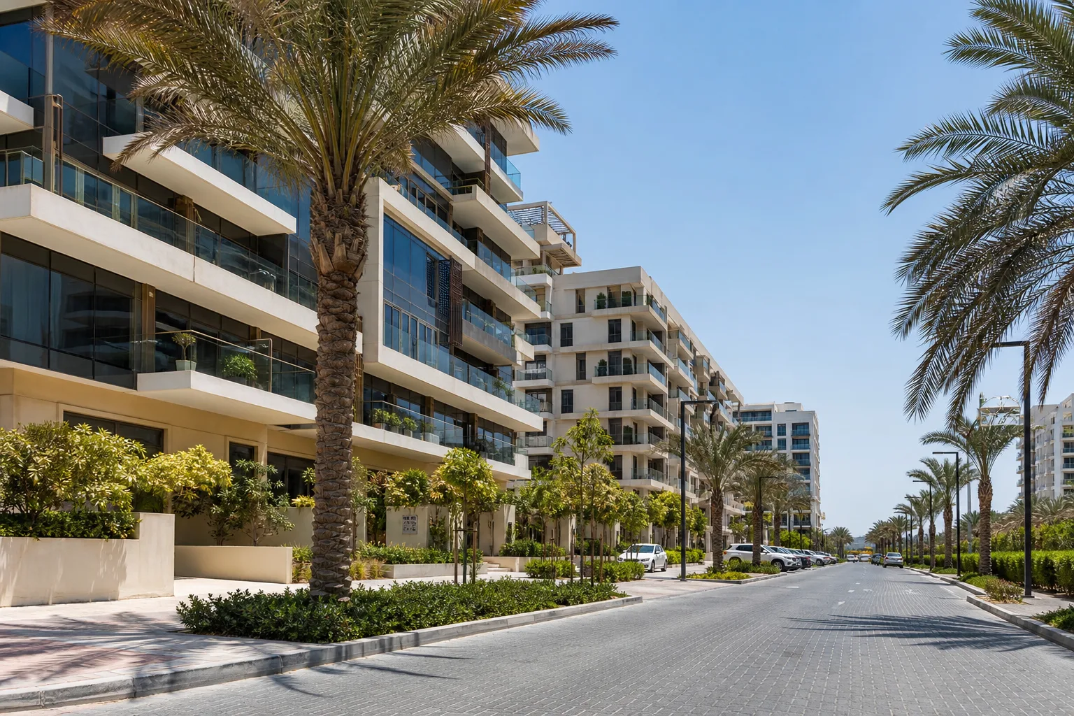 Rue résidentielle moderne de Jumeirah Village Circle avec immeubles récents et palmiers sous un ciel clair