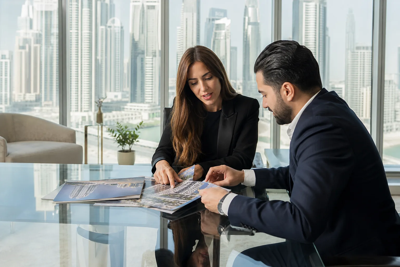 Deux conseillers comparant des documents autour d'une table dans un bureau lumineux de Dubaï