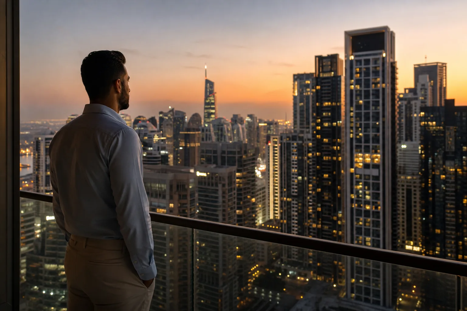 Investisseur pensif observant depuis un balcon un quartier de tours résidentielles de Dubaï en fin de journée