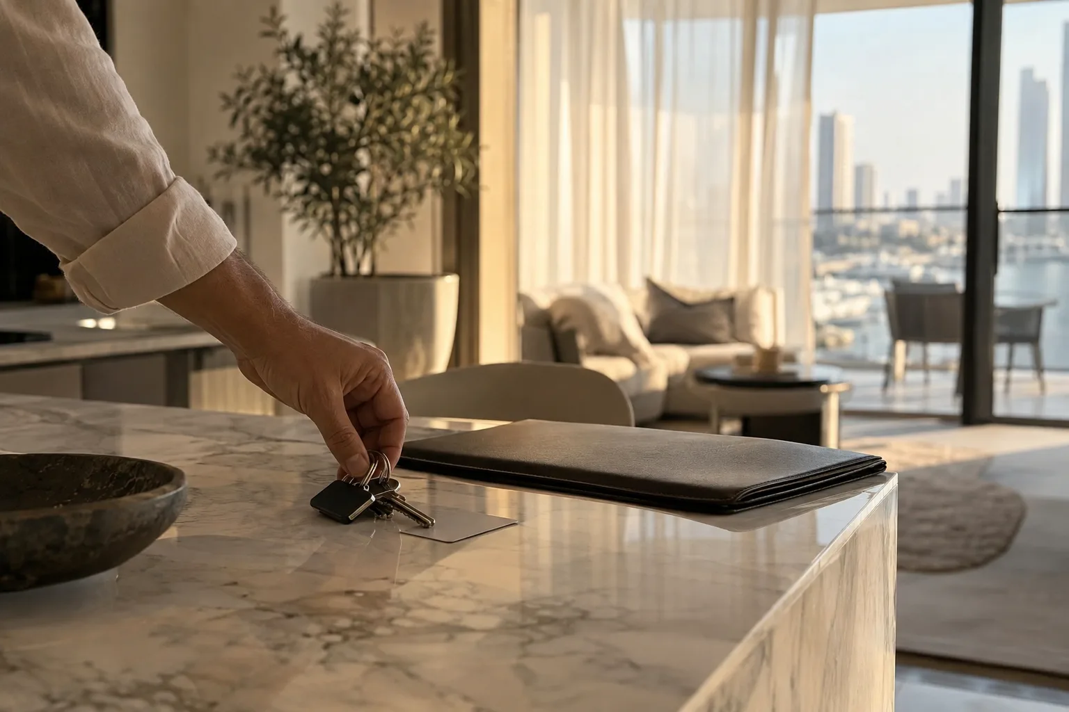 A landlord's hand placing keys and a badge on the marble countertop of a newly rented apartment in Dubai