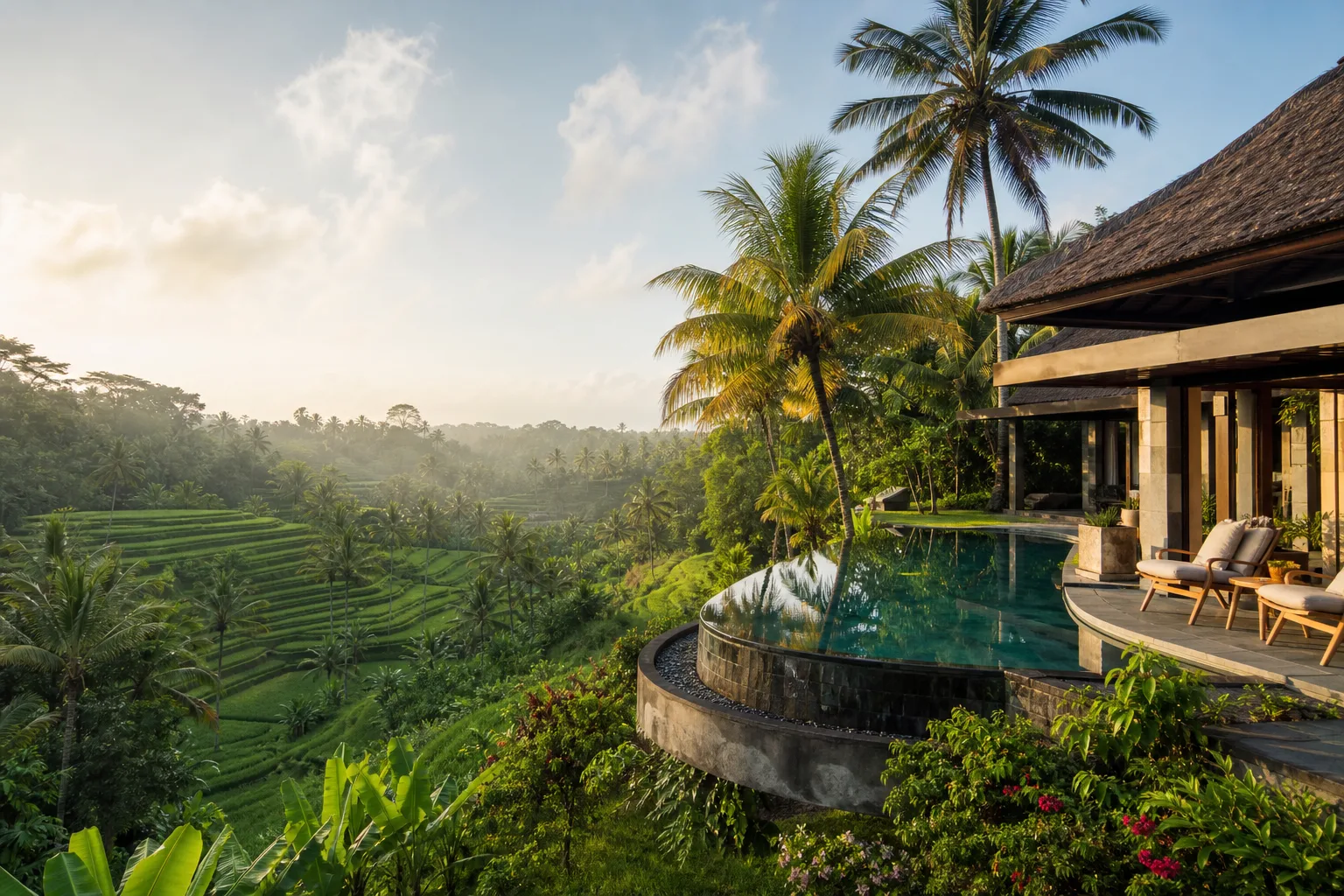 Tropical villa with infinity pool surrounded by lush rice paddies in Bali