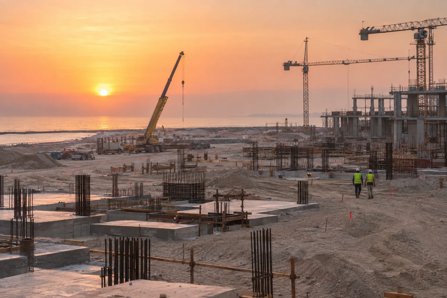 Villa construction site by the sea in Saadiyat at sunrise: concrete foundations, rebar and a crane