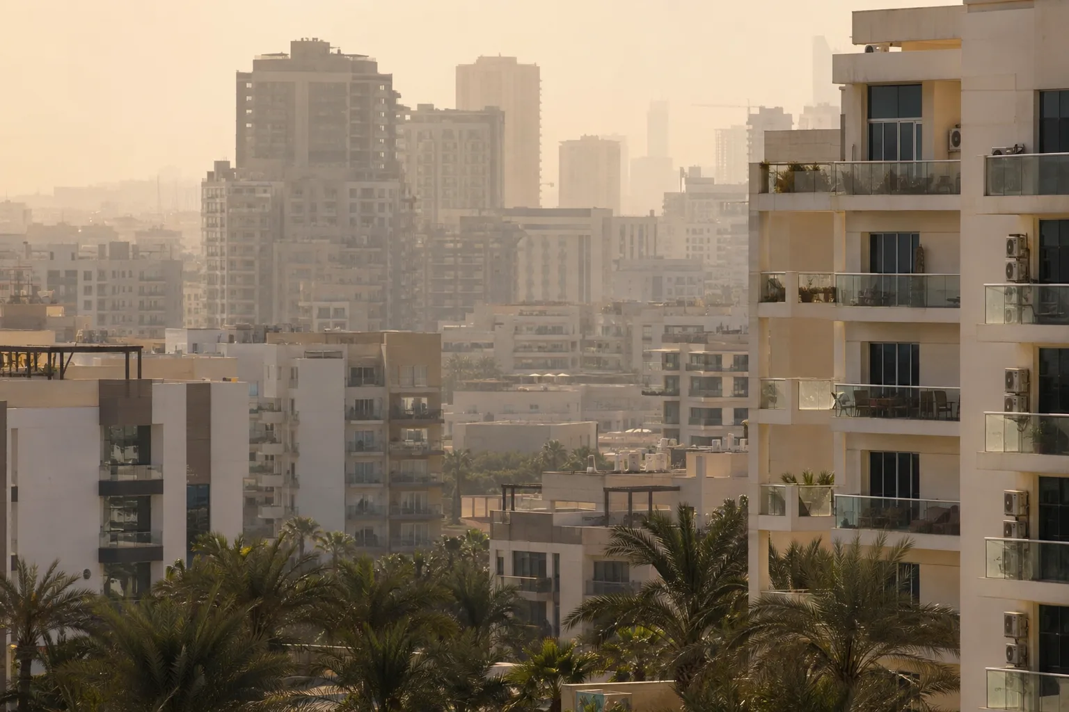 Telephoto view of Arjan apartment buildings in Dubailand, in a light dust haze