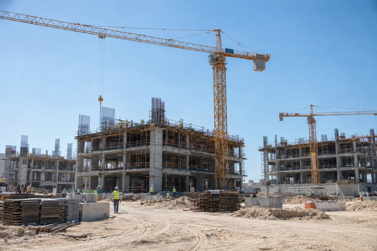Off-plan residential construction site on the Abu Dhabi mainland, with concrete frame and crane at midday