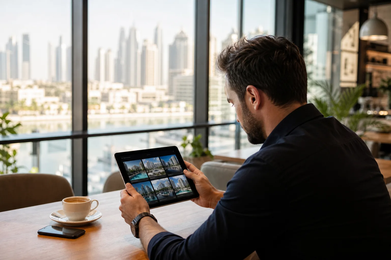 Personne consultant des annonces immobilières sur une tablette dans un café lumineux avec vue urbaine