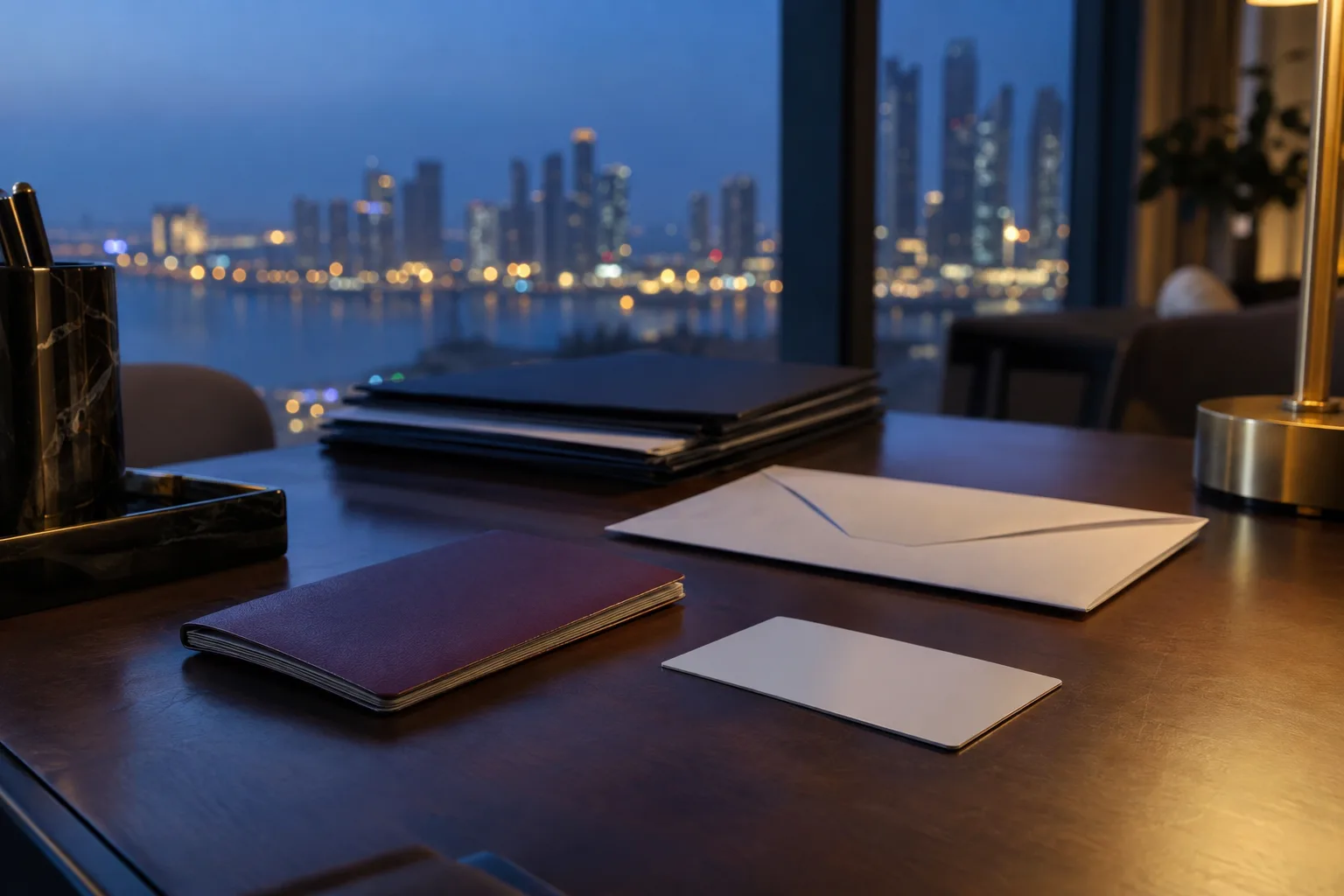 Closed passport, envelope and neatly stacked files on a desk by a window at blue hour