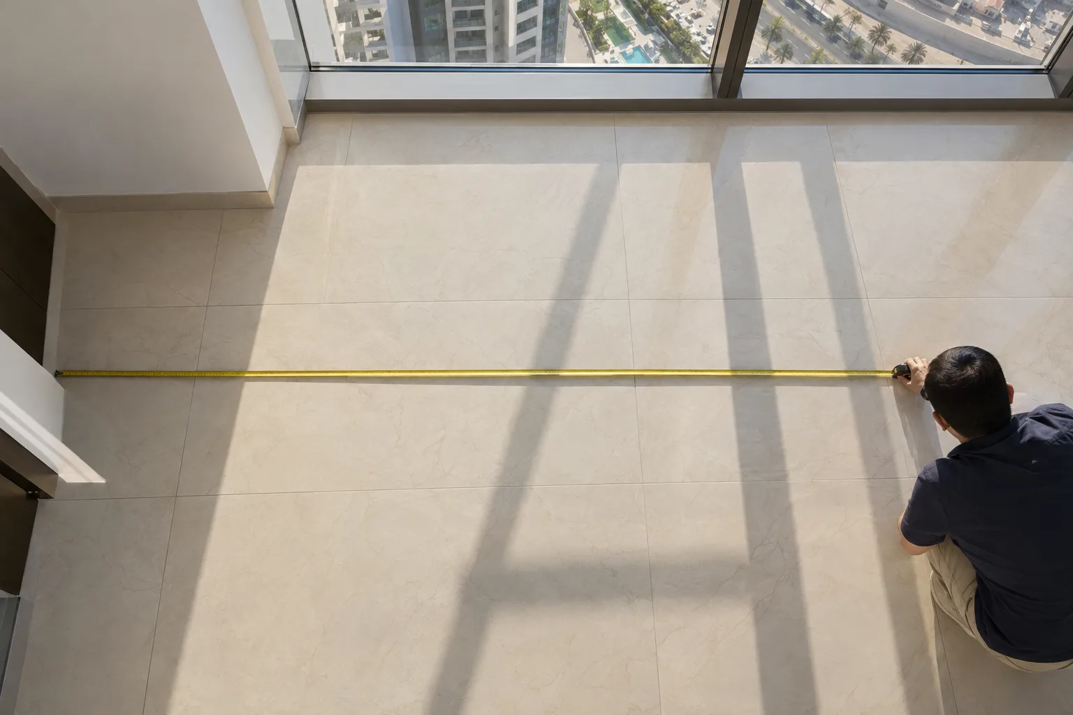 Top-down view of a hand unrolling a tape measure across the tiled floor of an empty apartment