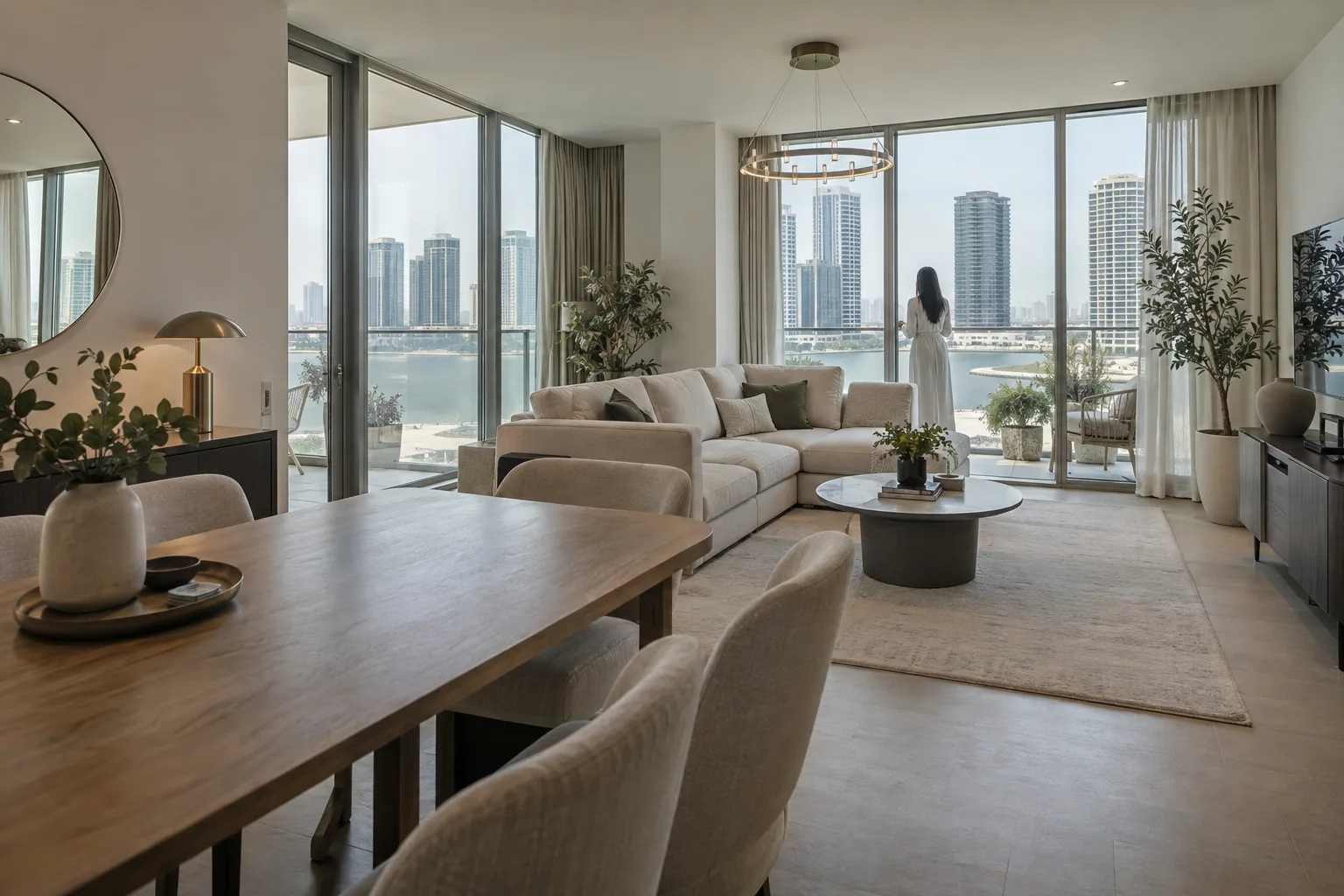 Furnished living room of a rented apartment in a Reem Island tower, soft diffused light