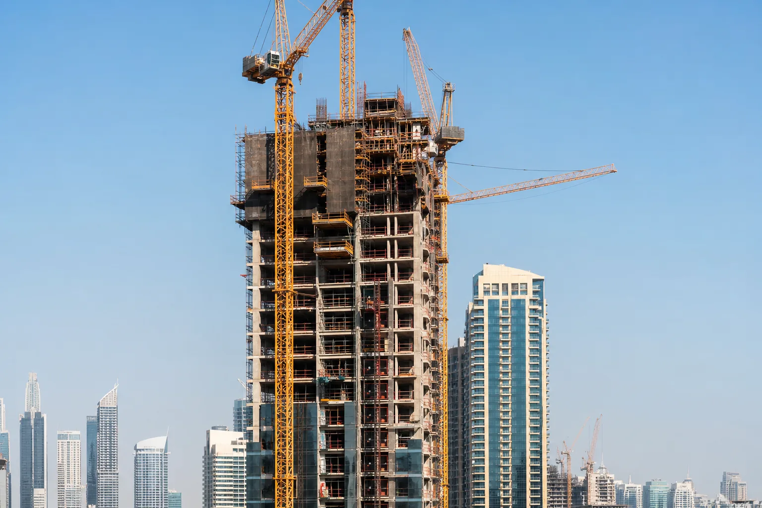 Obra moderna de una torre residencial en construcción en Dubái con grúas bajo un cielo despejado