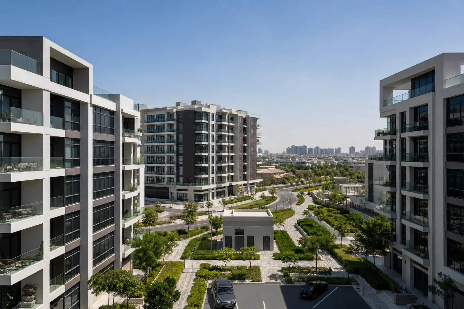 Ensemble d'appartements récents à Arjan avec espaces verts et parkings, ciel dégagé