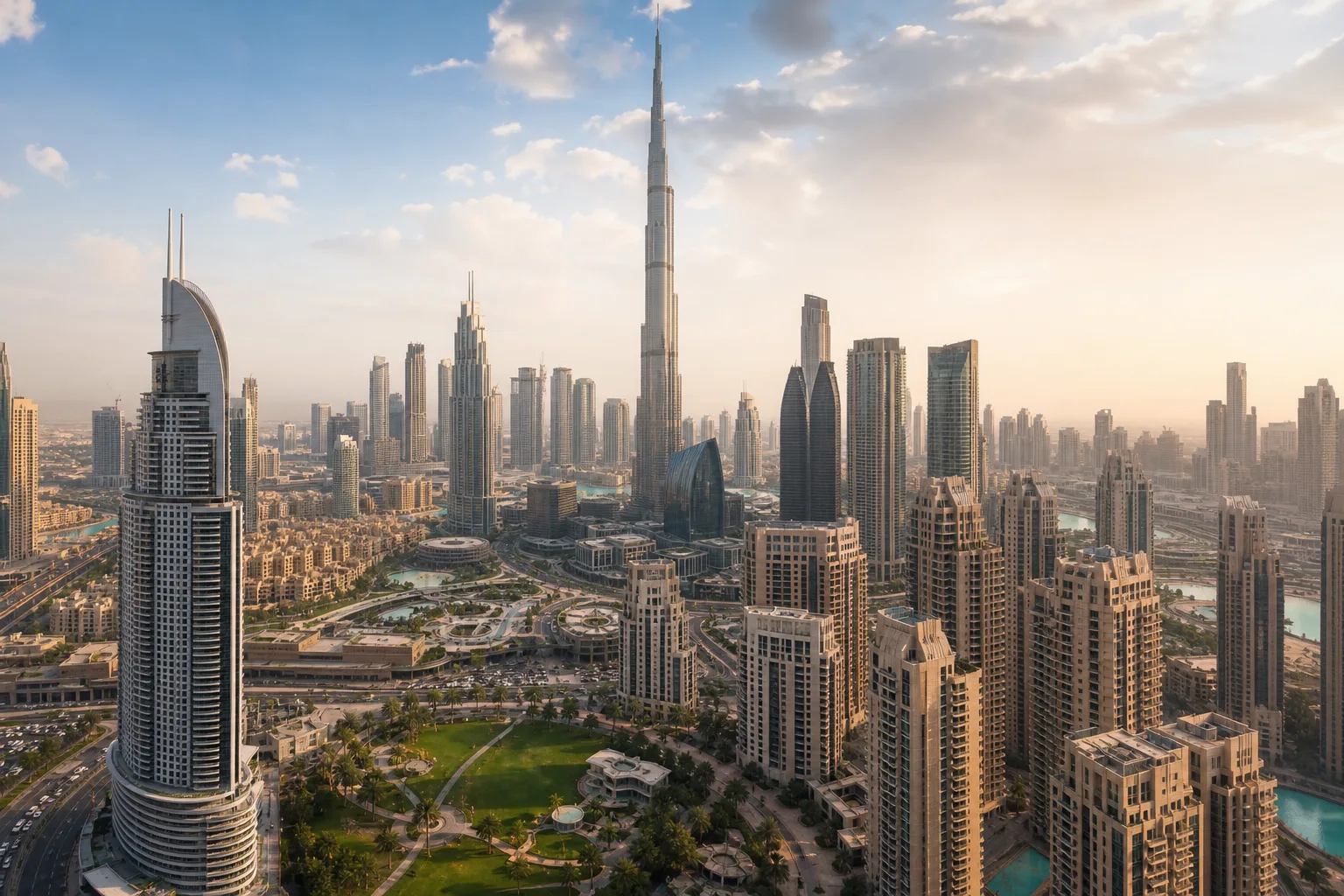 Вид с воздуха на Downtown Dubai с Burj Khalifa в окружении премиальных жилых башен