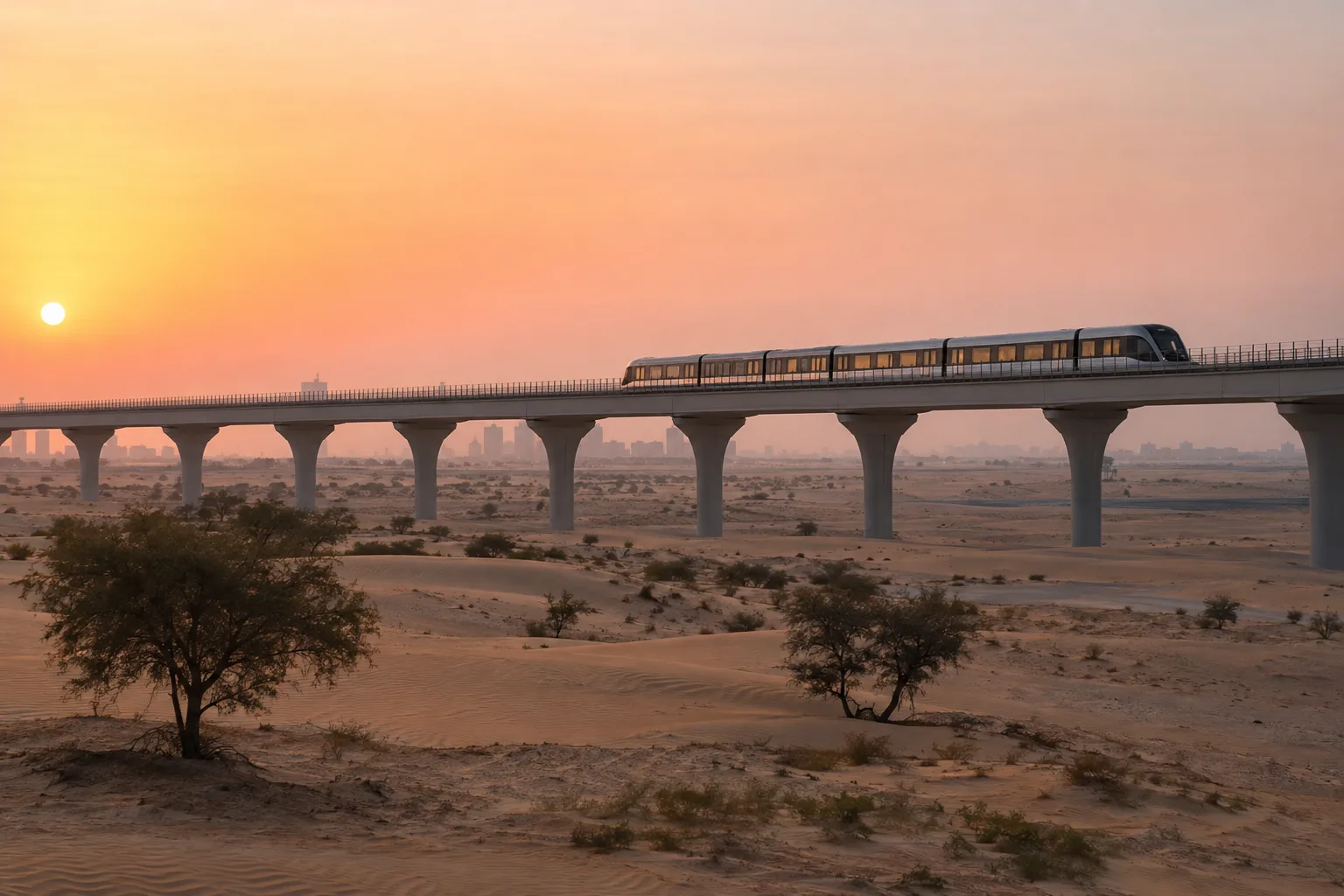 Passenger train on a railway viaduct crossing the desert near Abu Dhabi at sunrise