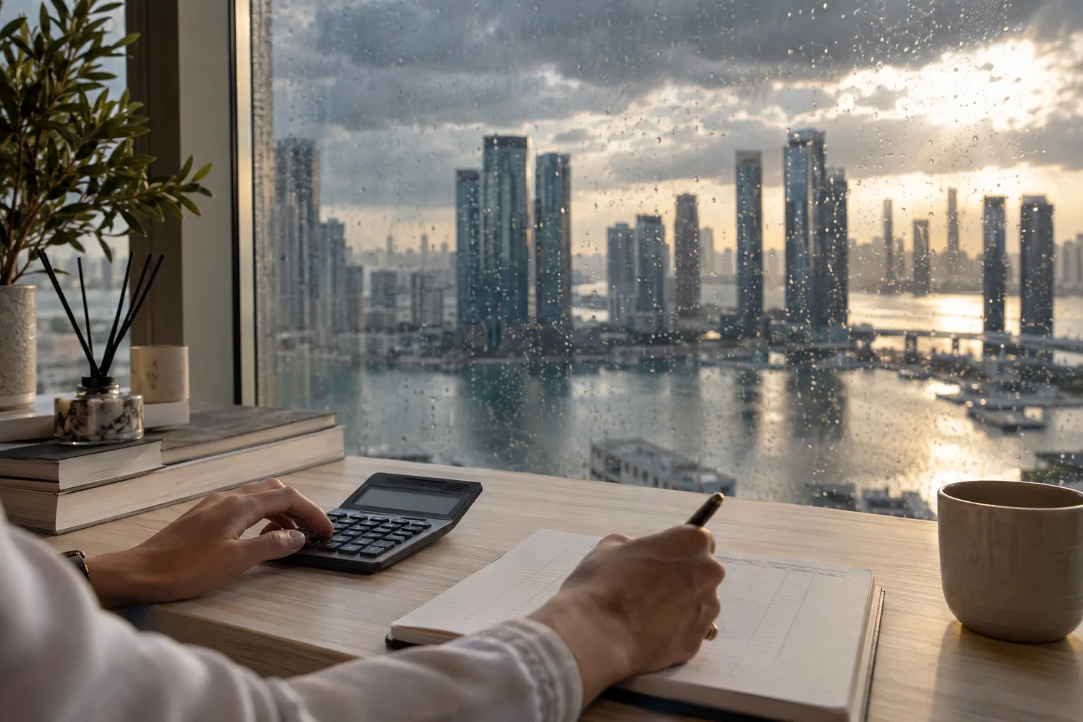 Buyer's hands with a calculator and notebook in front of a rain-streaked window