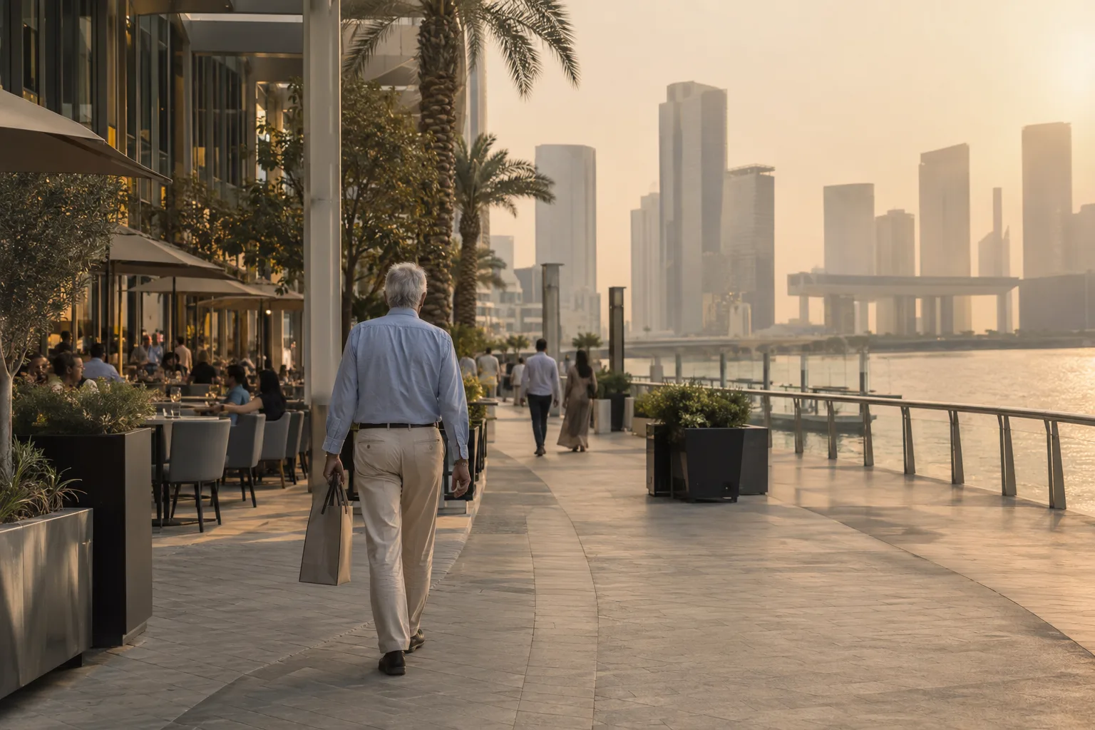 Grey-haired man seen from behind under a shaded colonnade on Al Maryah Island, near the waterfront terraces
