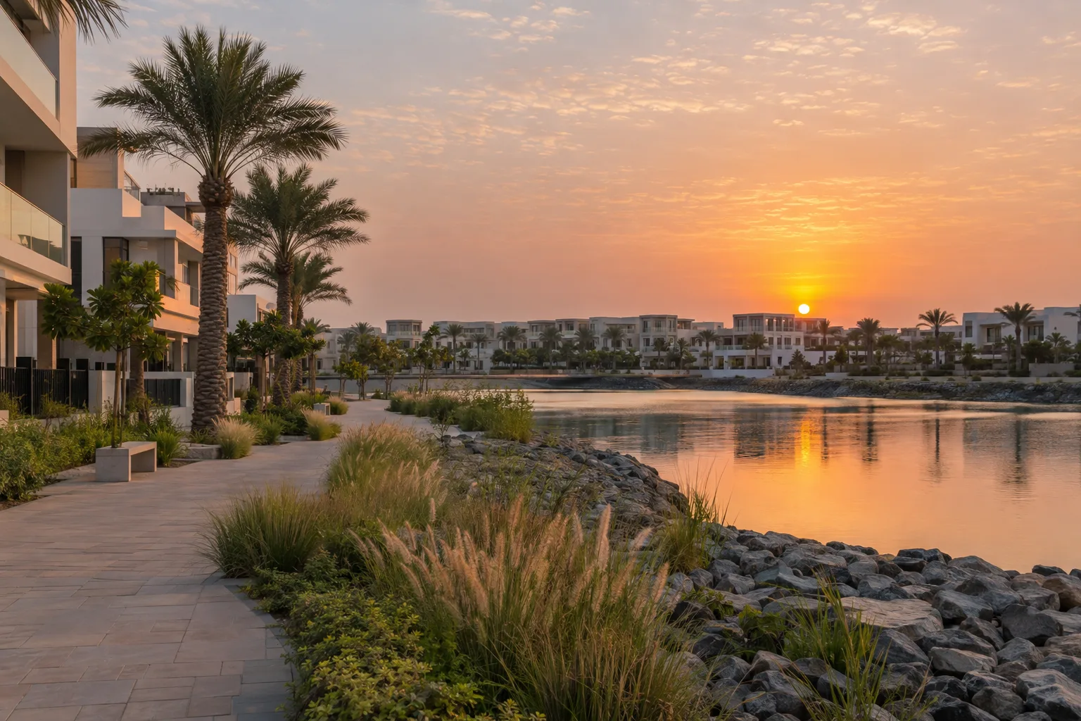 Yas Island residential neighbourhood at sunrise, low-rise buildings and townhouses beside a lagoon