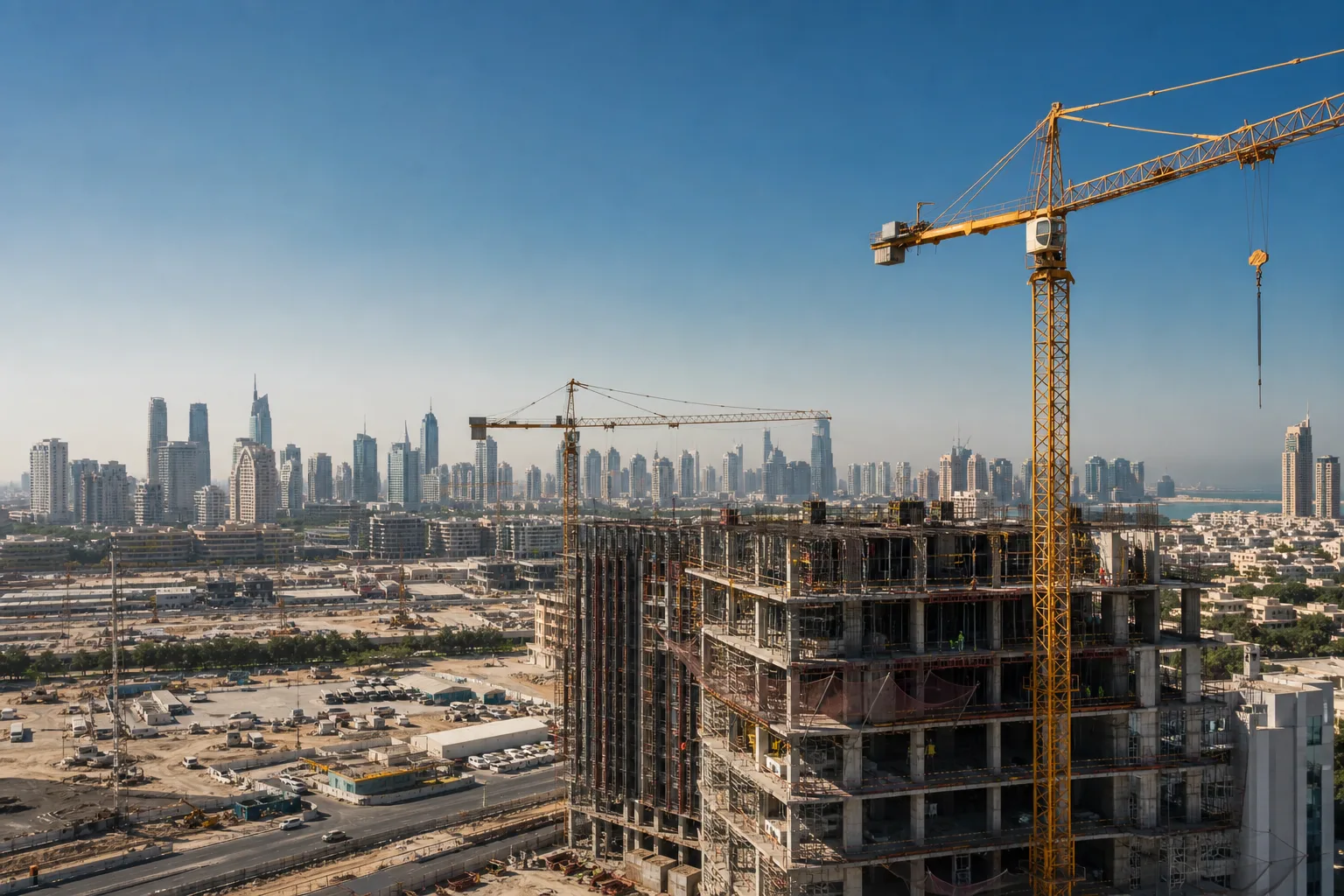 Obra de construcción de una torre residencial moderna con grúas en pleno paisaje urbano de Dubái