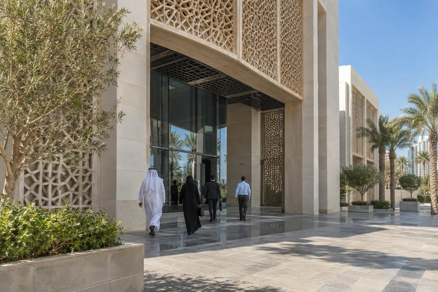 Shaded entrance to a contemporary public services building in Abu Dhabi, visitors seen from behind beneath perforated screens