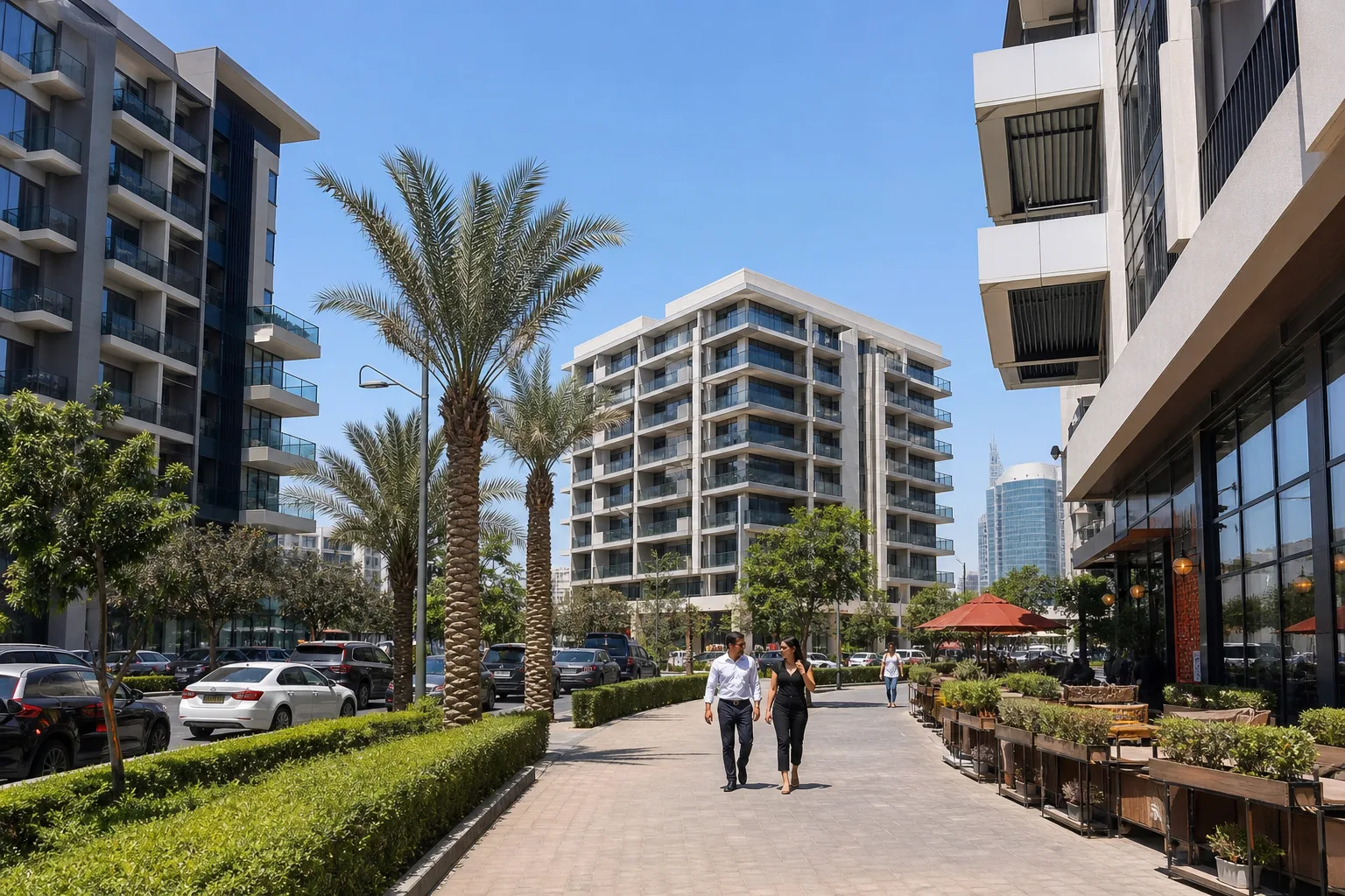 Оживлённая улица района Jumeirah Village Circle с жилыми домами и пальмами под ясным небом