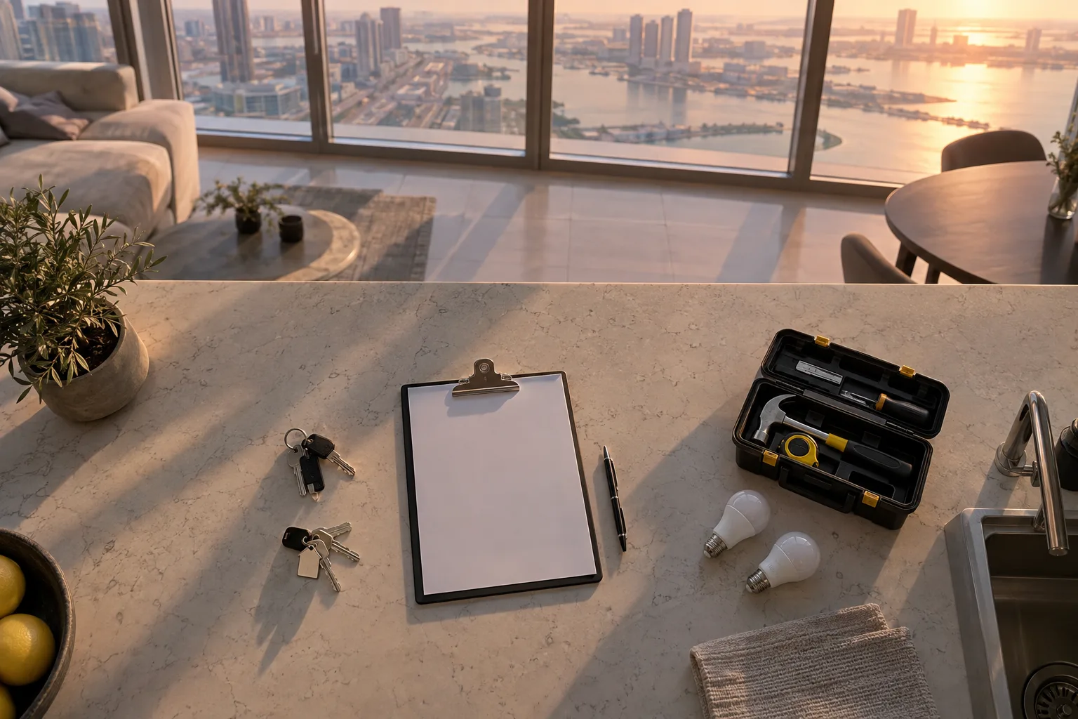 Overhead view of keys, a blank inspection notebook and tools on a stone countertop