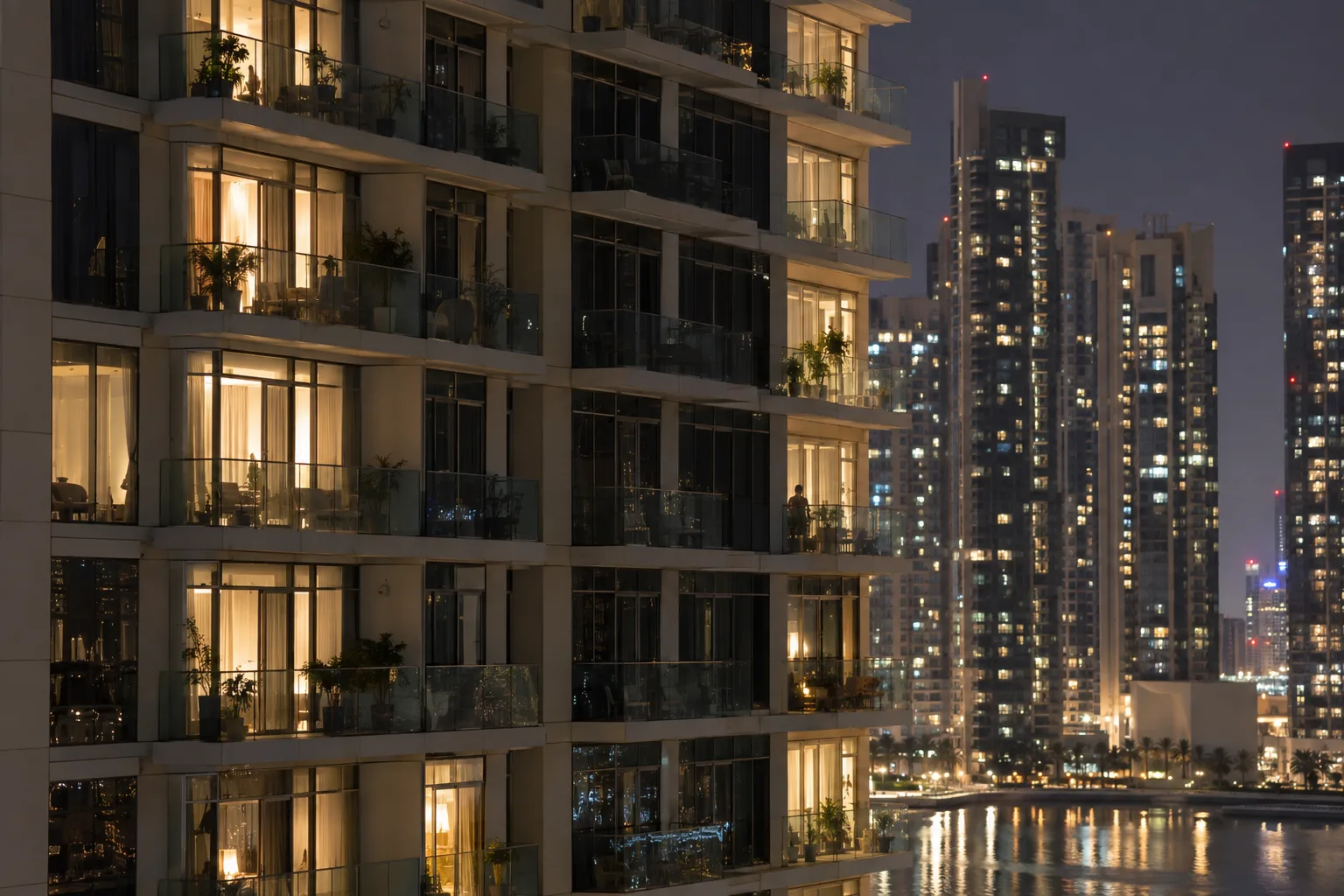 Facade of a Reem Island residential tower at night, lit balconies showing occupied homes