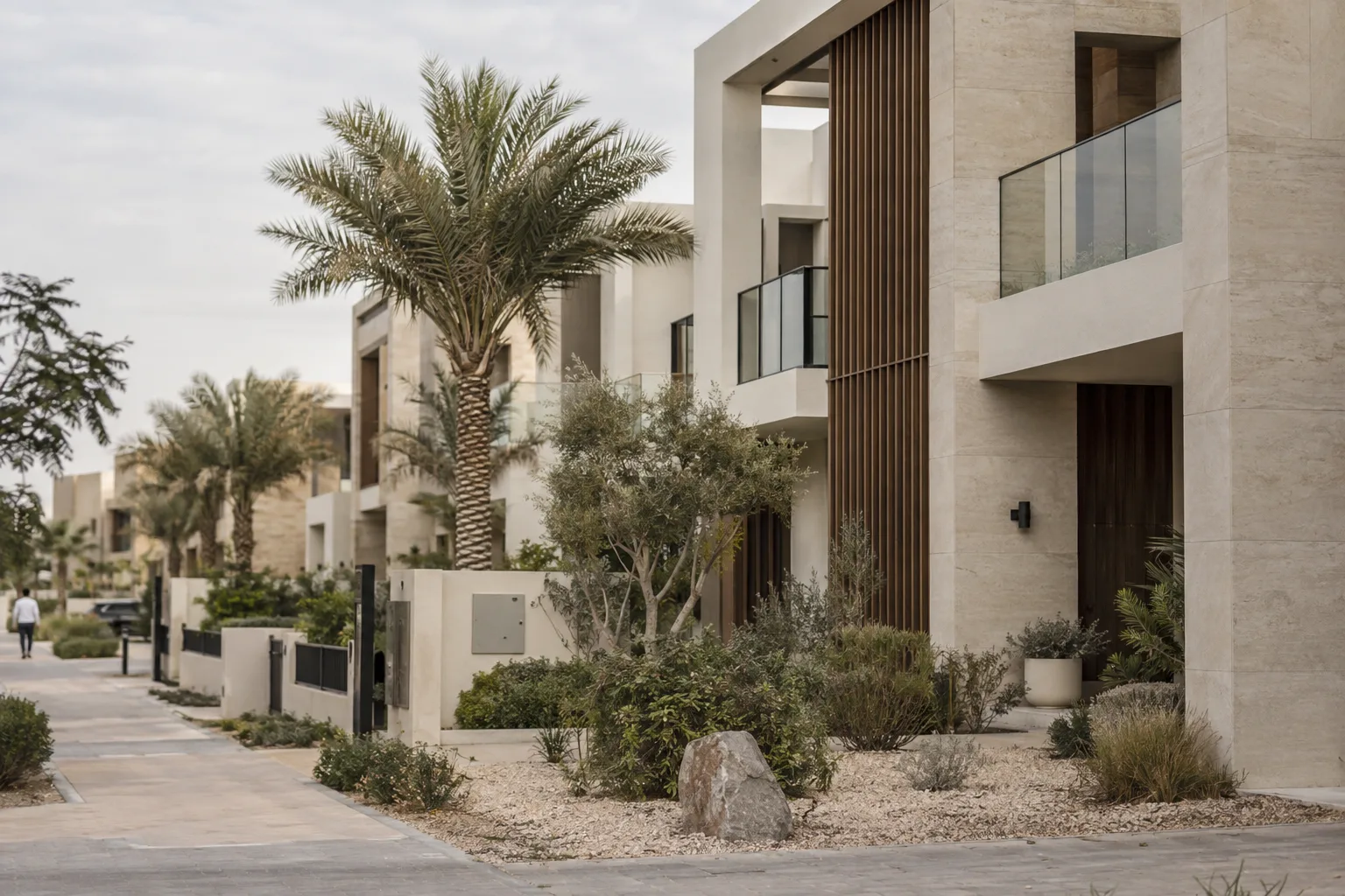 Facades of new light-stone villas with wooden screens and young palm trees under an overcast sky