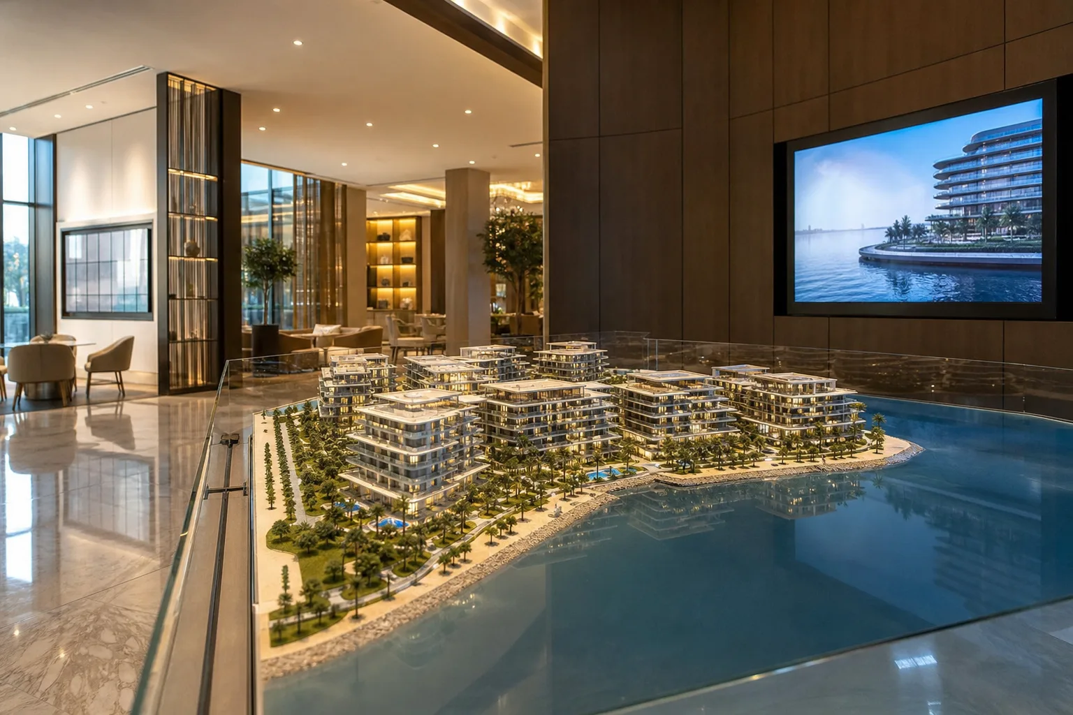 Maqueta arquitectónica de un conjunto residencial nuevo expuesta en un showroom de venta inmobiliaria