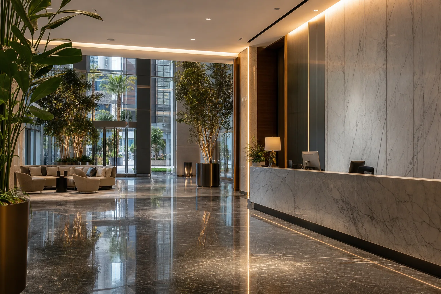 Hall d'accueil élégant d'une résidence haut de gamme avec réception en marbre et jardin intérieur à Dubaï