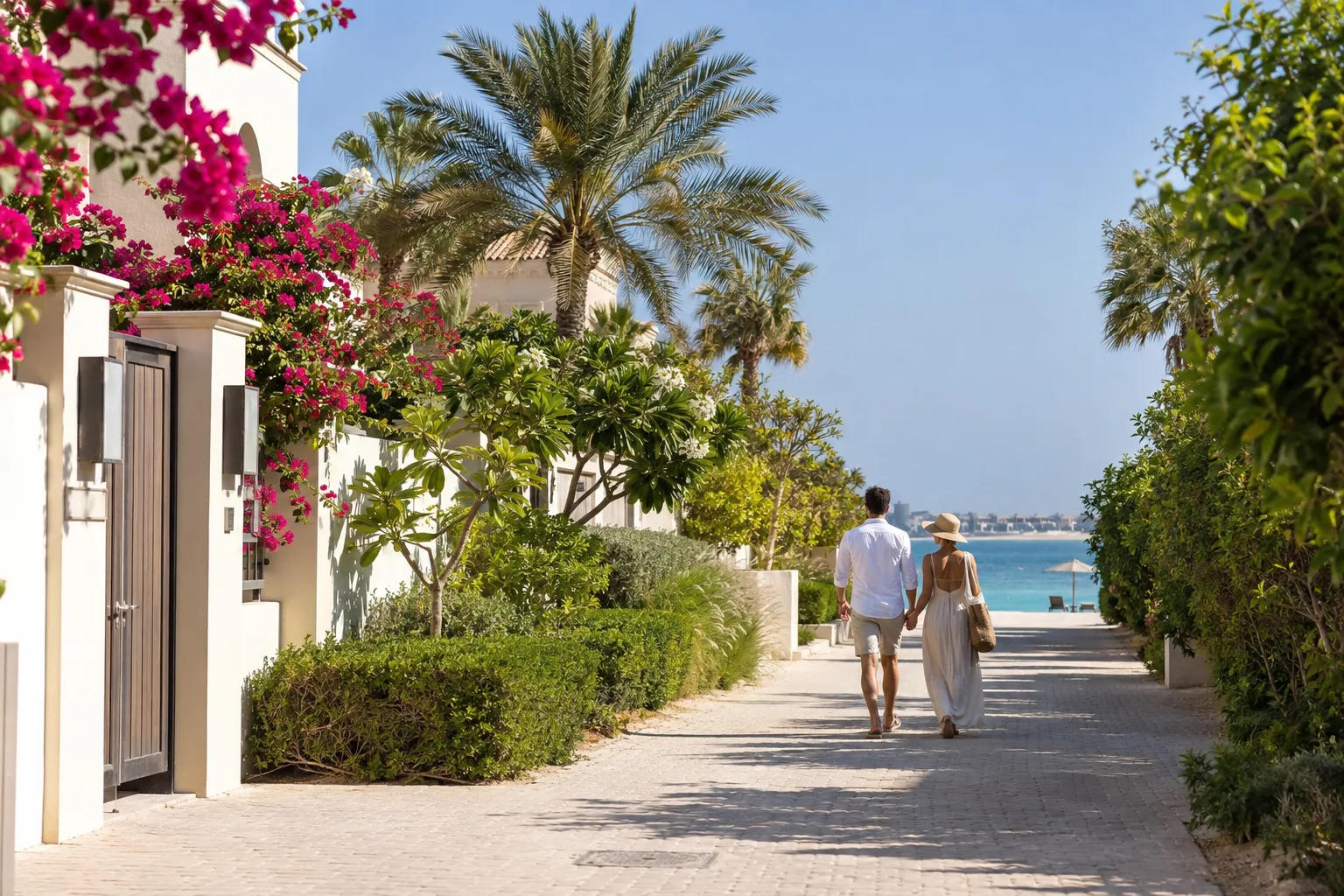 Couple seen from behind walking along a path to the beach, between bougainvillea-covered walls and villas