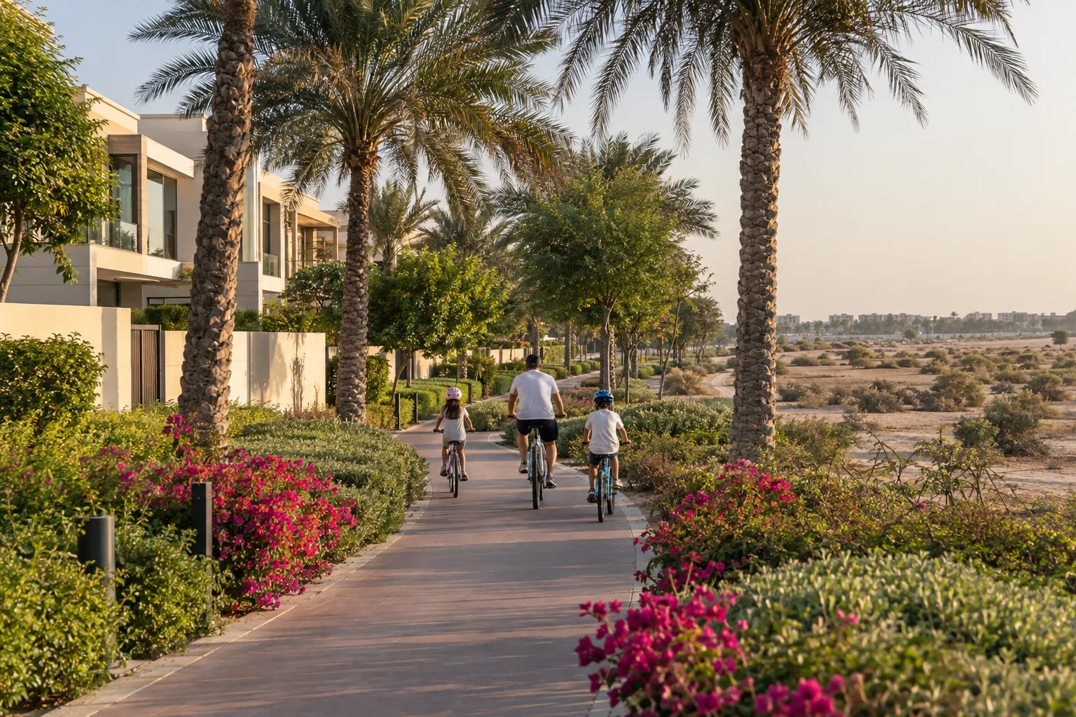 Family seen from behind cycling on a tree-lined path beside contemporary two-story villas, desert visible in the distance