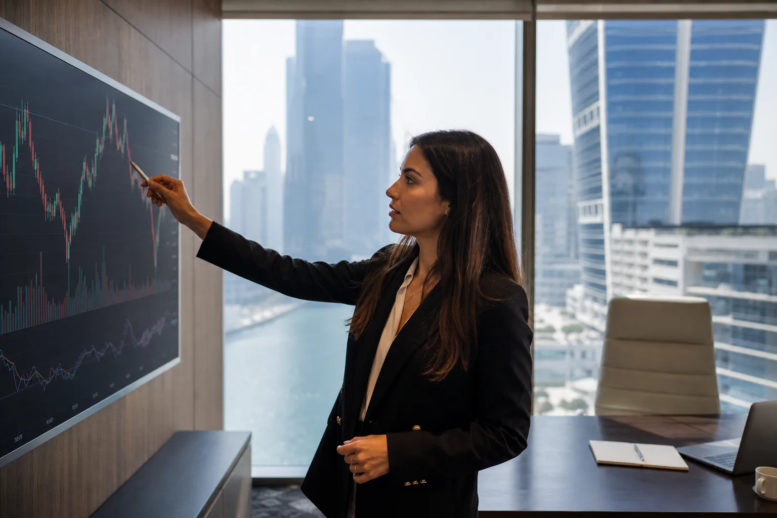 Property adviser reviewing price data on a screen in an elegant office facing the Business Bay towers