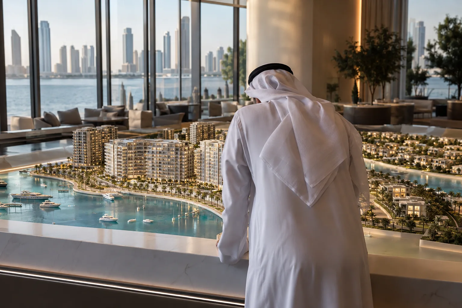 Buyer seen from behind leaning over a residential development model, with a villa model beside it