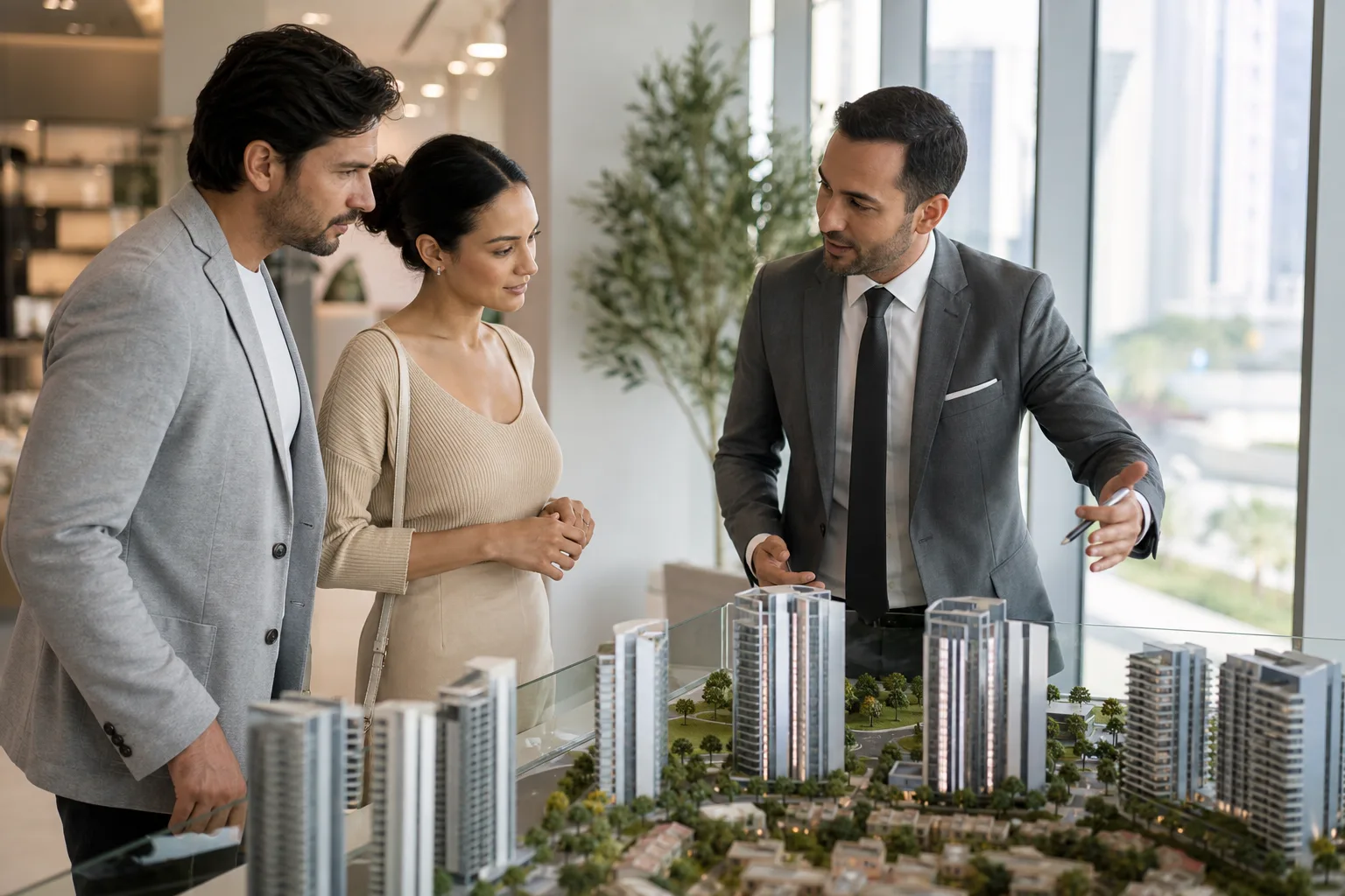 Elegant couple talking with an advisor in front of an architectural model of residential towers in a bright showroom